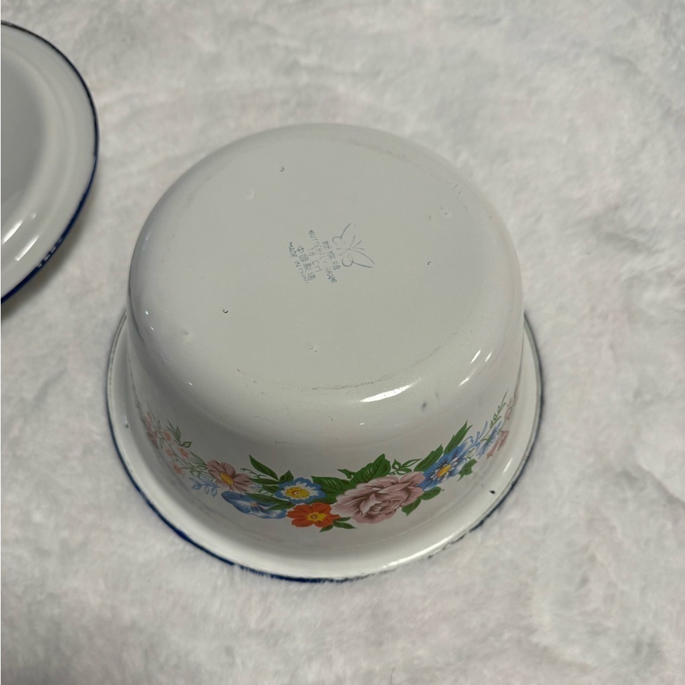 VTG Floral Metal Enamelware Lidded Pot Bowl Cottagecore Butterfly Brand MCM - Picture 6 of 9